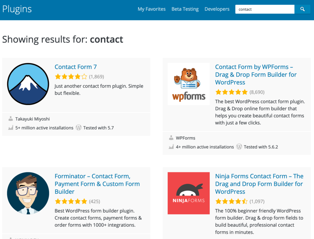 Example search results for "contact" keyword search in WordPress plugins.