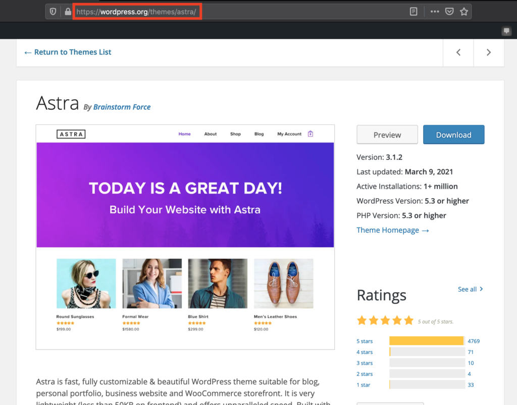 Example image of Astra theme details on wordpress.org showing how to locate the URL in the browser.