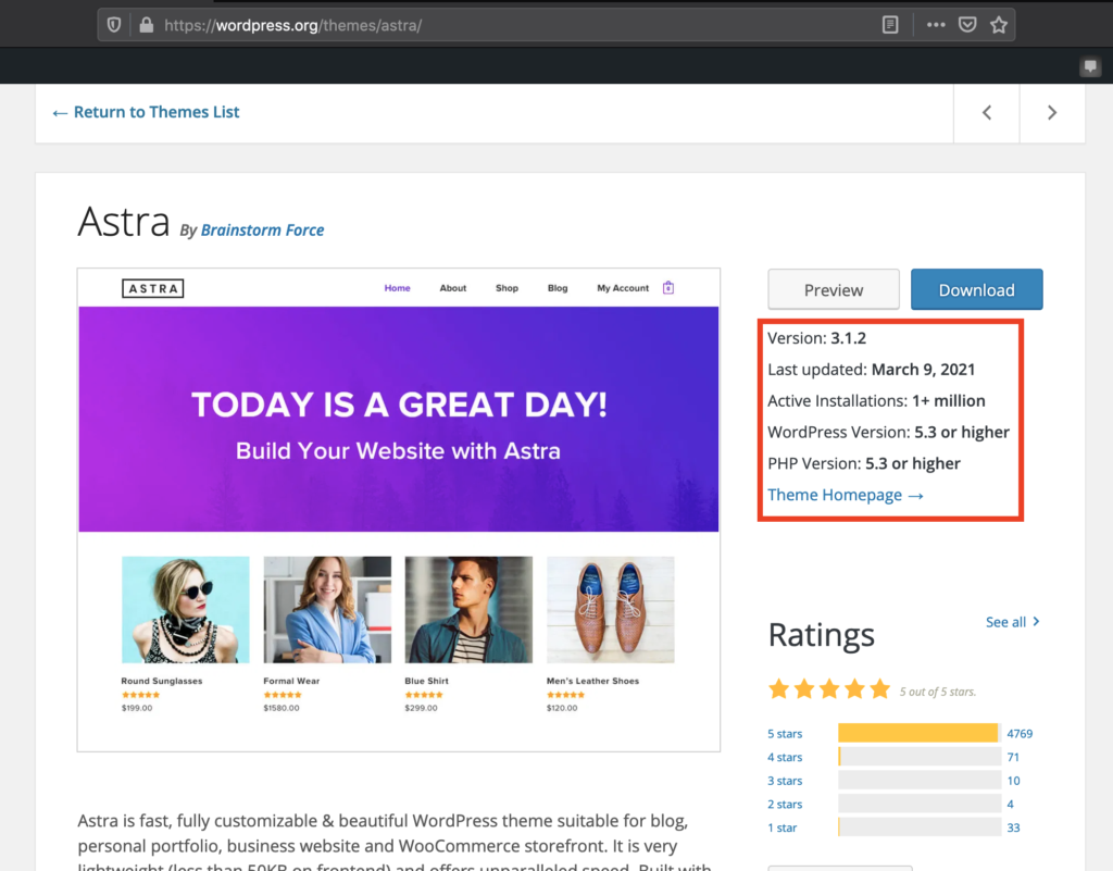 Image outlining the specs section of the theme Astra on its WordPress Themes page.